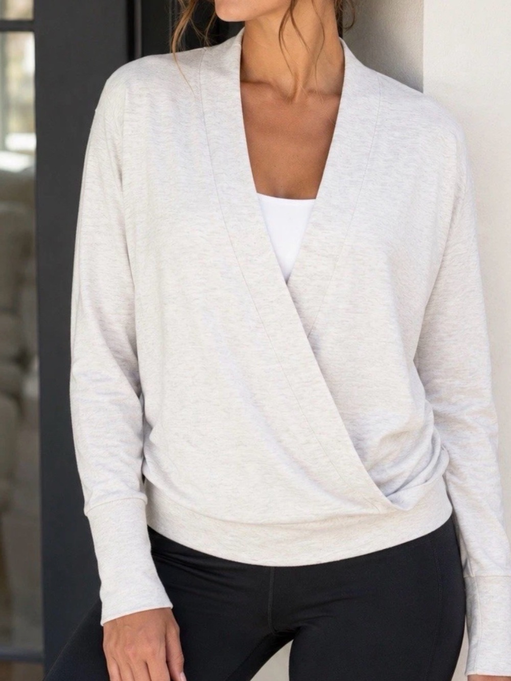 Athleta Purana V-Neck Wrap Sweatshirt Oversized Silver Beige Cream